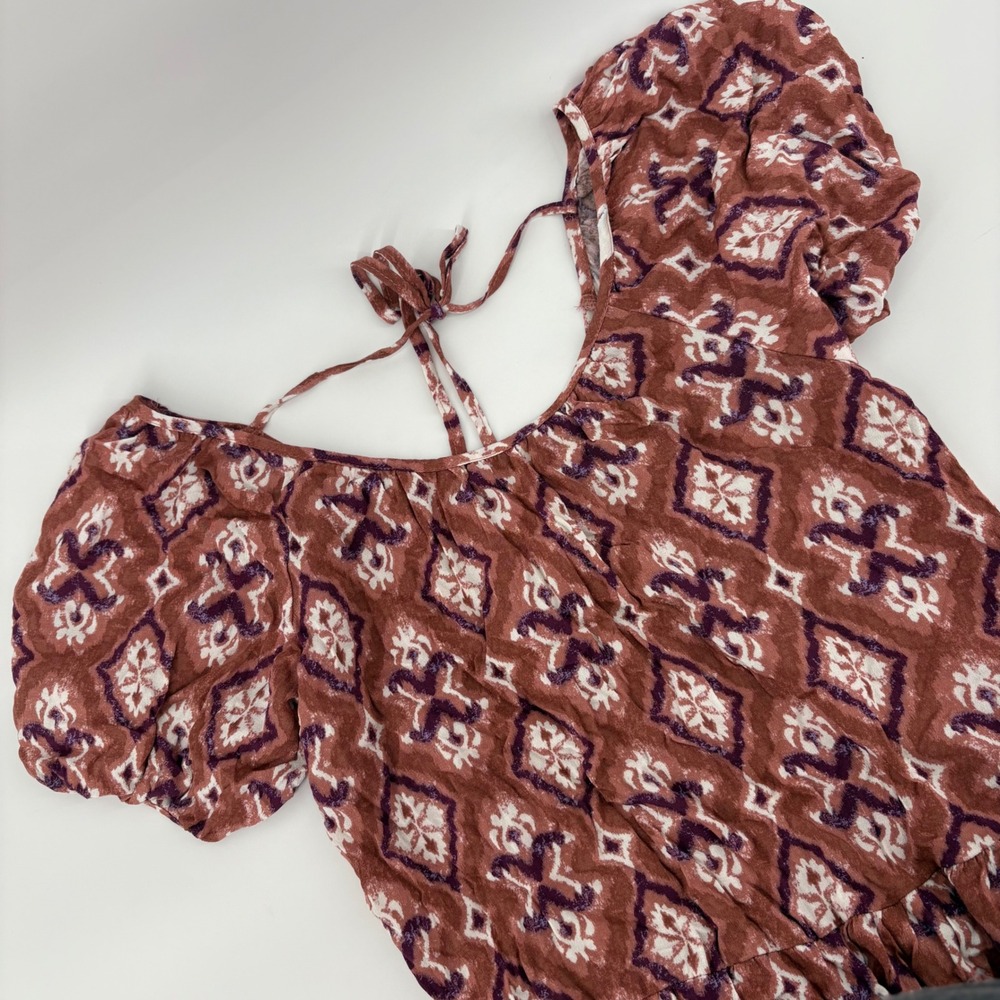Knox Rose Women Cognac Ikat Print Tiered Mini Dress Puff Sleeve Tie Back‎ XS